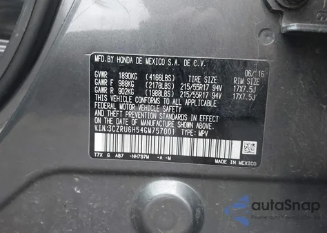 2016 Honda Hr-V Ex из США, поврежденный, VIN 3CZRU6H54GM757001